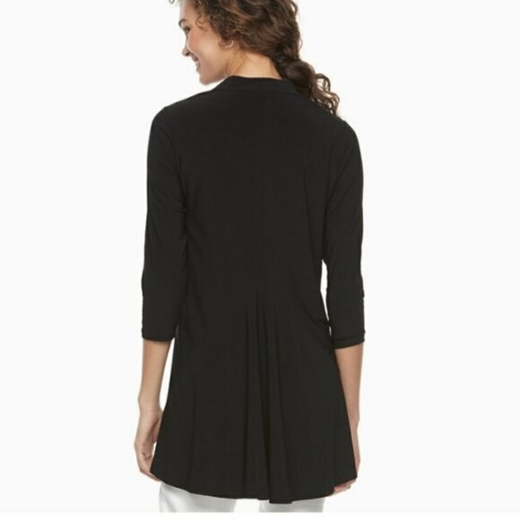 Nina Leonard Black Godet-Back Draped Long Sleeve Shrug High Low Cardigan Jacket - Picture 3 of 9